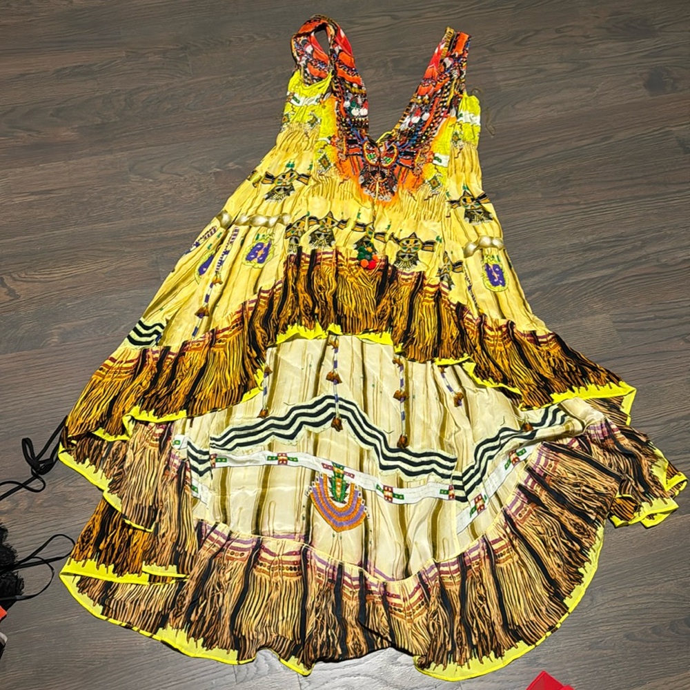 Yellow beaded silk high low dress